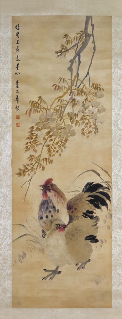 图片[1]-Xue Wenhua Embroidered Wisteria Double Chicken Figure Axis-China Archive